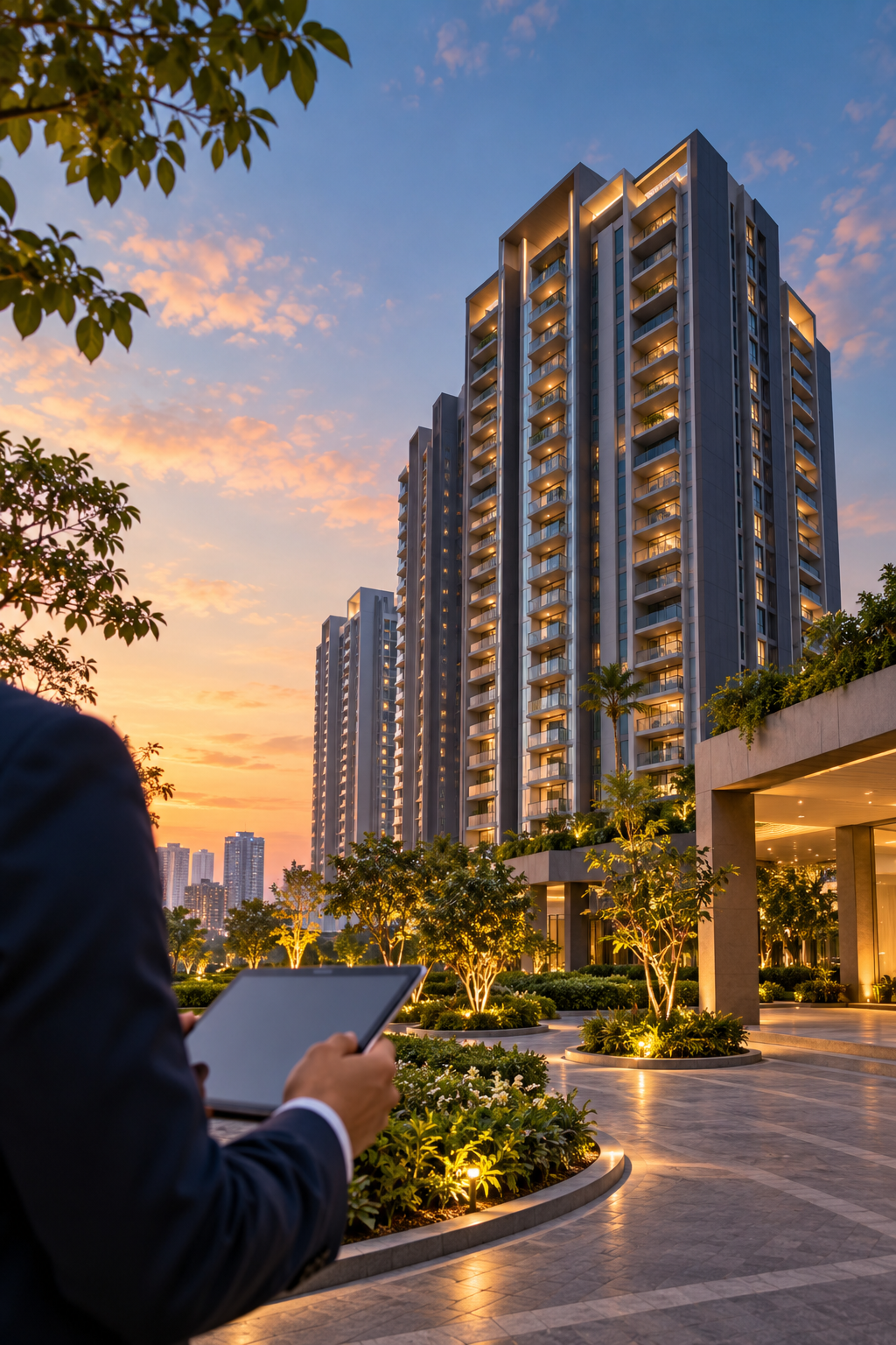 Premium residential towers at sunset